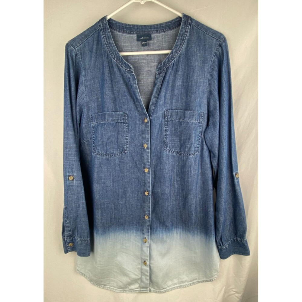 J.Jill Tunic Top Womens M Ombre Blue Chambray Dip Dyed‎ Button Front Denim